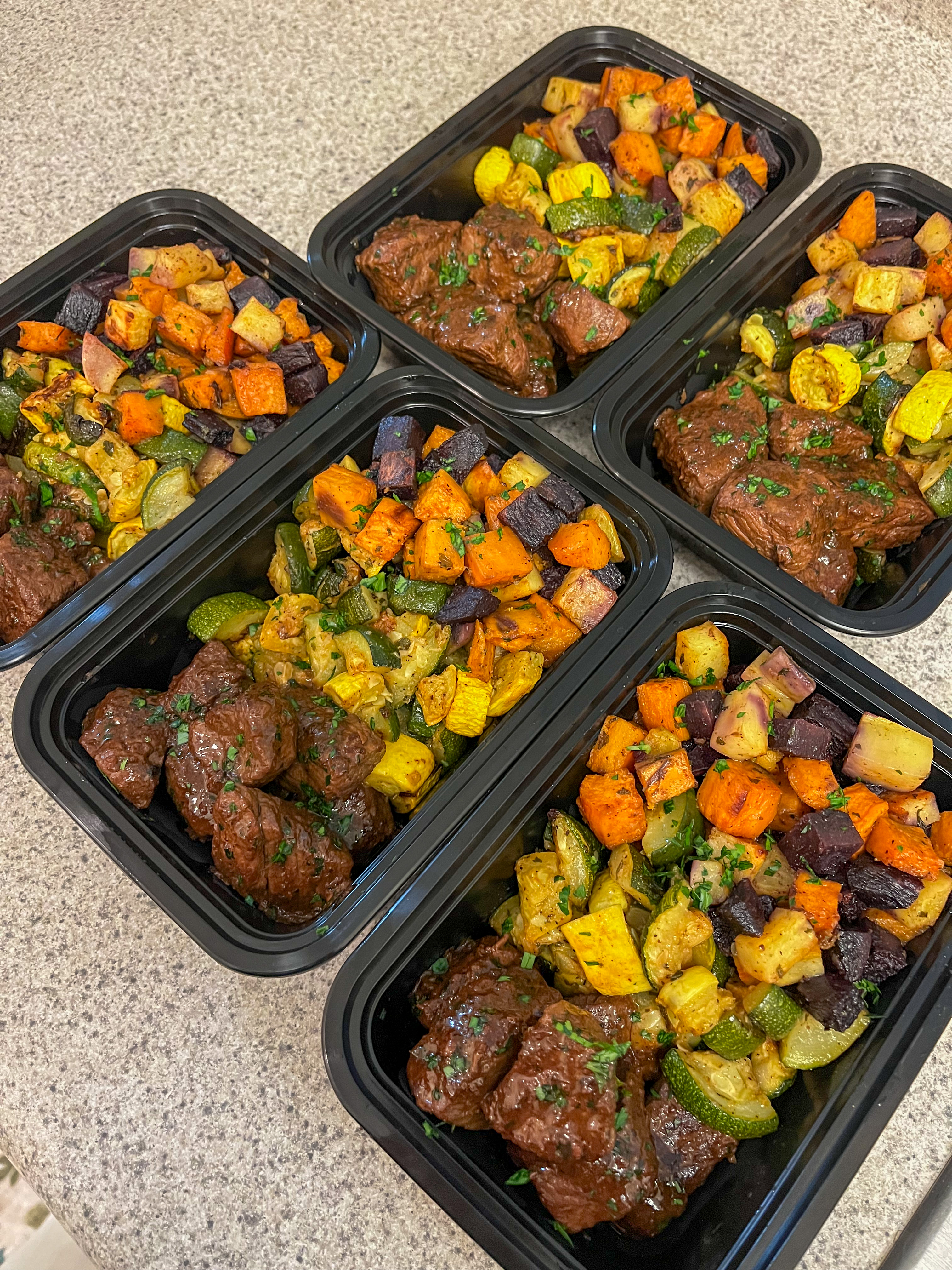 Beef and roasted vegetables meal prep